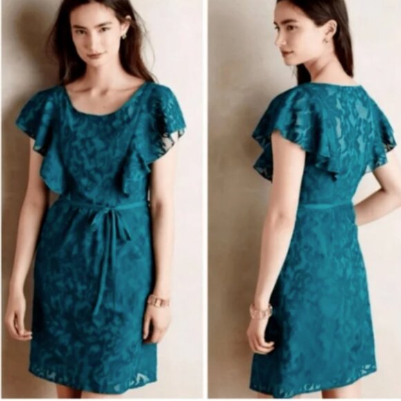 Anthropologie Moulinette Soeurs Dark Teal Dress Embroidered Ruffle US 6 - Picture 1 of 7